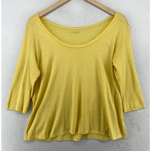 EILEEN FISHER Top M Silk Cotton Jersey Scoop Neck 3/4 Sleeve Basic Yellow - Picture 1 of 12